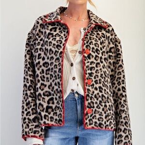 Leopard Print Teddy Jacket with Red Trim